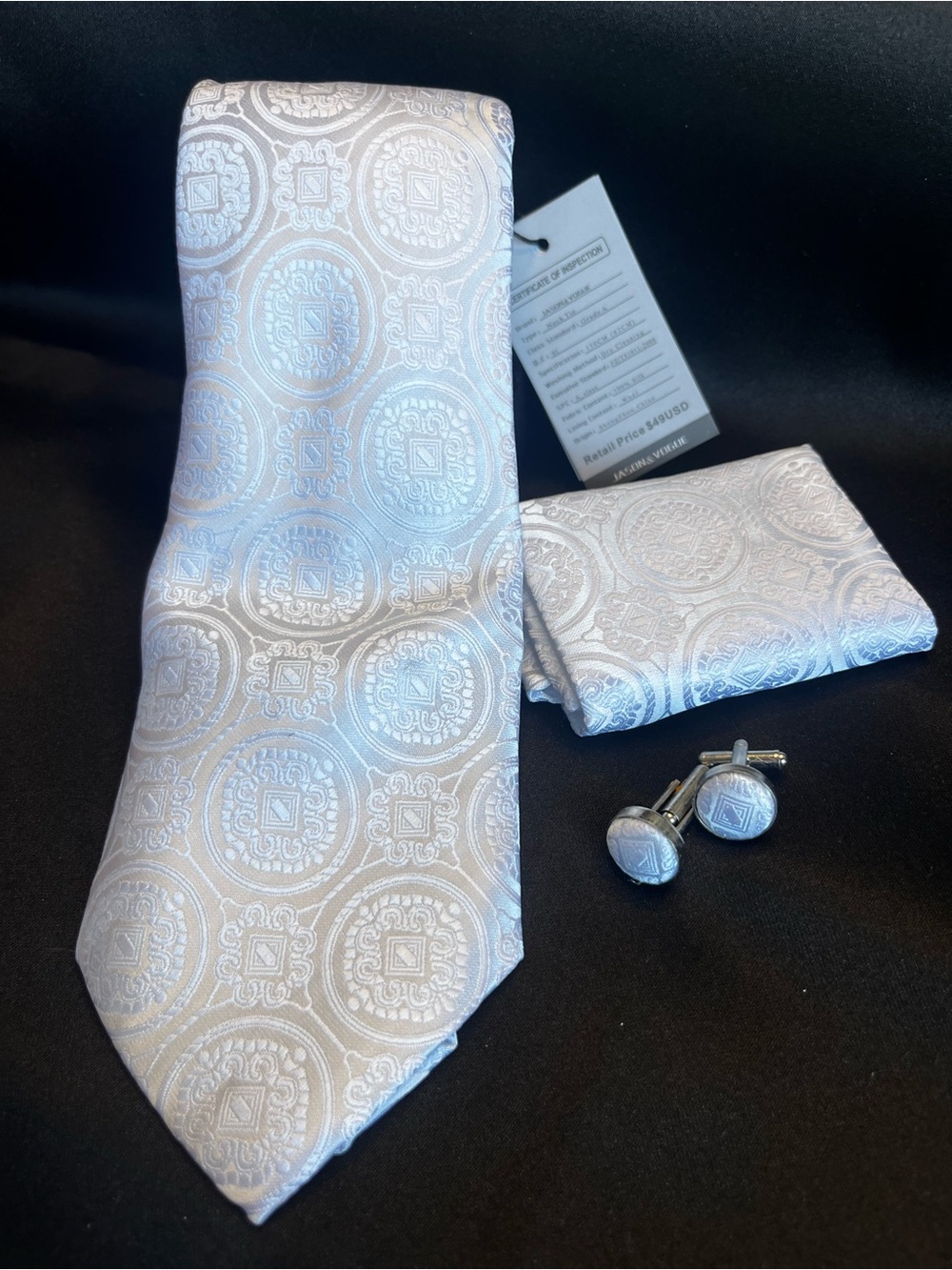 Men's Light Silver Paisley Jacquard Tie Set with Pocket Square & Cufflinks - Picture 2 of 3